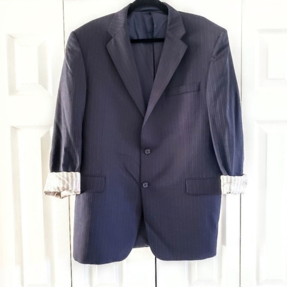 Burberry Black Pinstripe 2 Button Blazer, Men's 44 REG